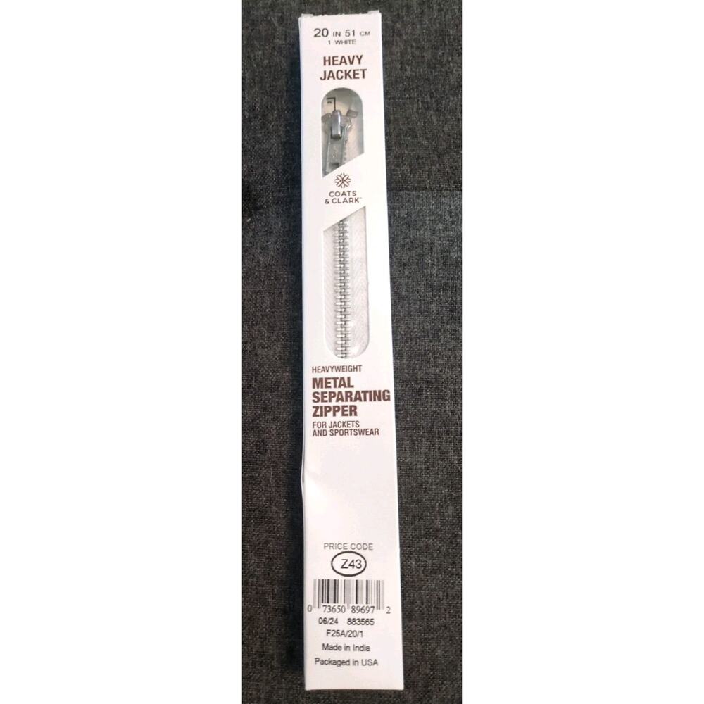 NEW COATS & CLARK Heavy Jacket 20" Metal Separating Zipper White NIB F25A/20/1
